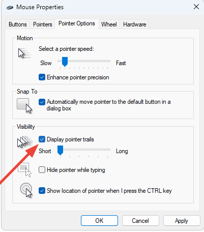 فعال کردن Display pointer trails در تنظیمات Mouse Properties ویندوز برای نمایش موس میزبان در درسان‌دسک